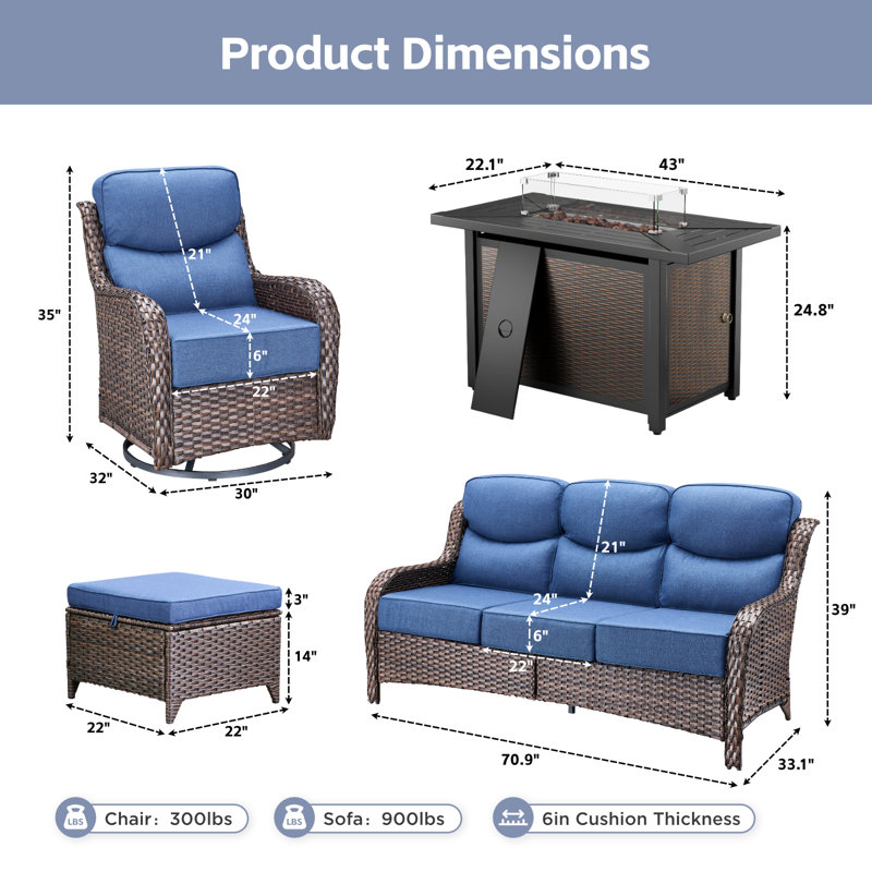7-9 Person Outdoor Wicker Family Party Conversation Set With Swivel Rockers And Fire Pit, Blue Cushion/Brown Frame