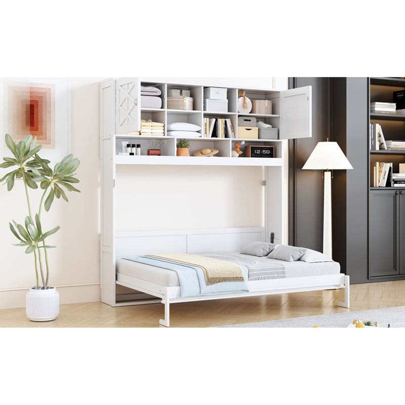 White Queen Size Bed For Wall Placement, Featuring Ample Storage, Diamond - Striped Aesthetics, And 6 8 Inch Mattress Fit With Large Storage 600 Lbs Support