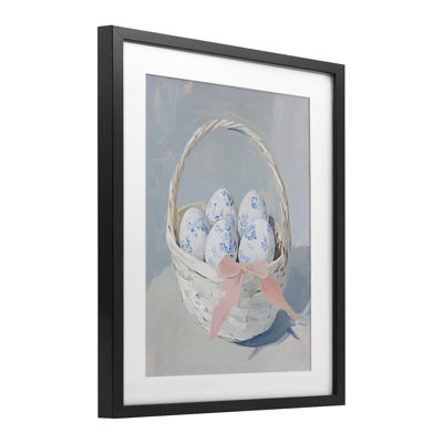 Blue Floral Egg Basket Framed Print Under Glass, design by Arlington Prints