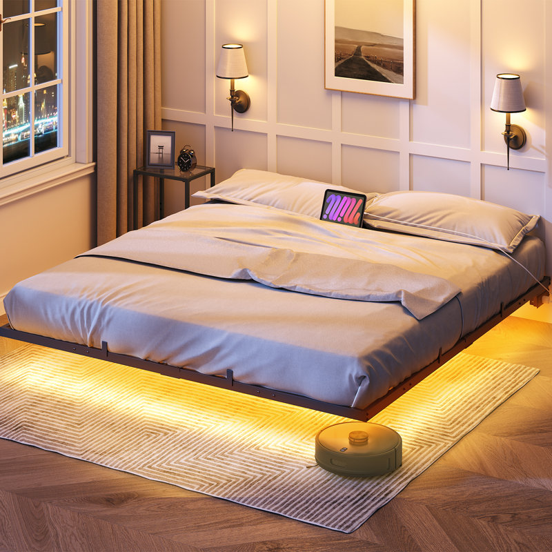Floating Bed Frame with Charging Station and LED Lights, King