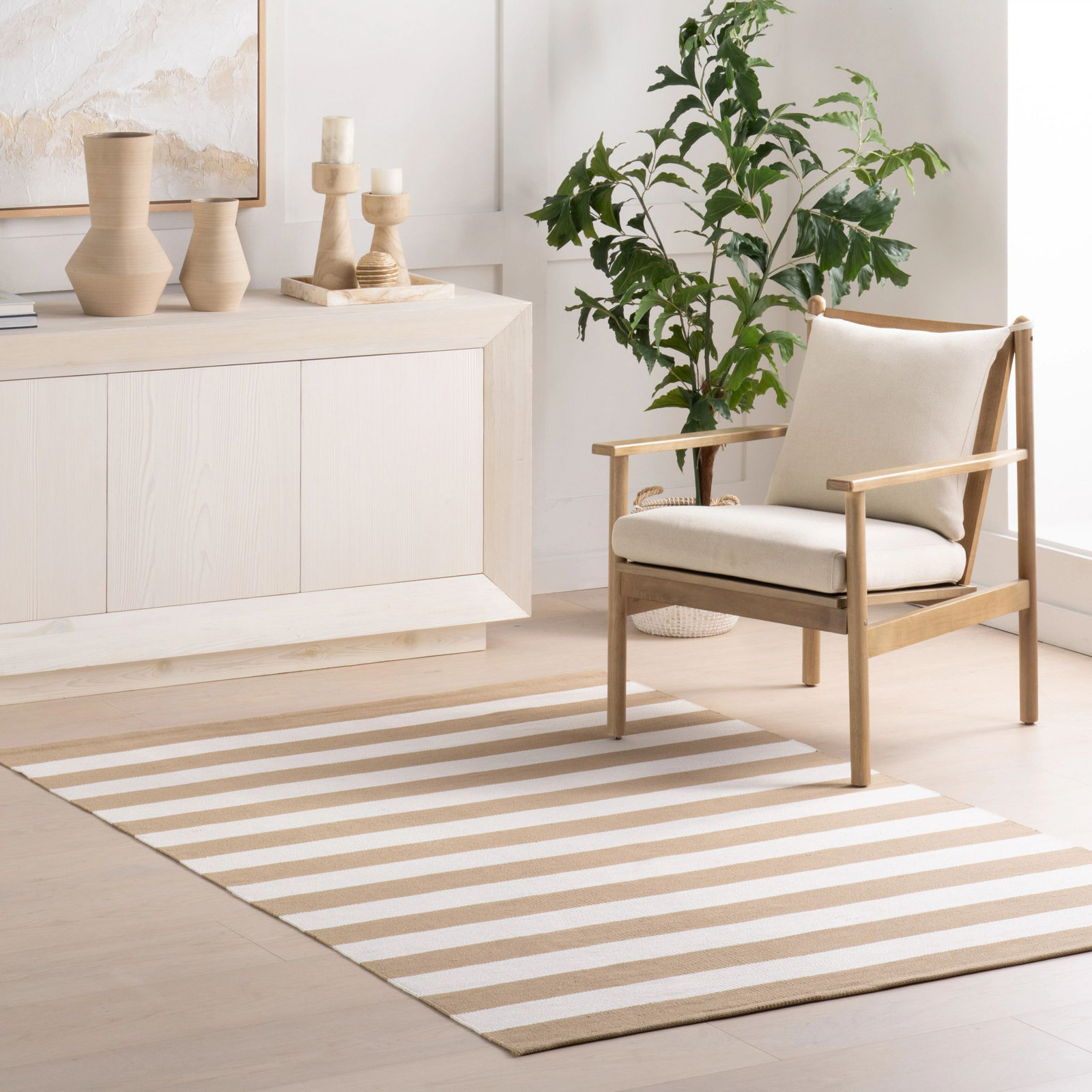 Khaki Hand-Woven Striped Outdoor Rug, Rectangle 3' x 5'