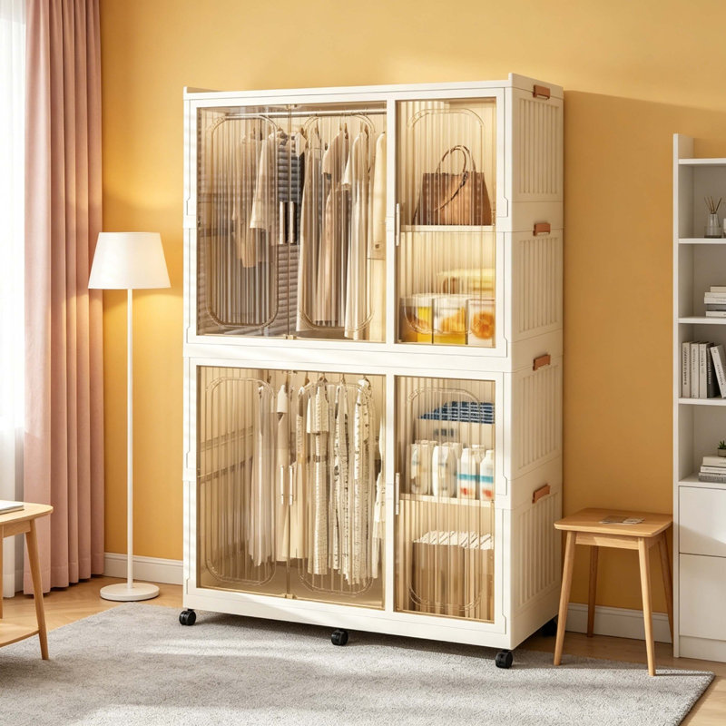 Armoire portative à 6 cubes pliable en PP avec 6 portes magnétiques cannelées en ambre et deux tiges de suspension, commode de rangement autoportante pour chambre de bébé et chambre à coucher