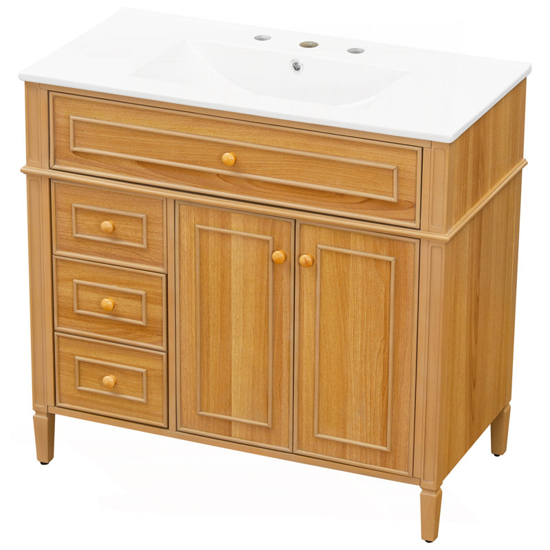 Meuble-lavabo de 36 po avec lavabo, meuble-lavabo en bois avec tiroir rabattable, 3 tiroirs, 2 portes à fermeture en douceur, bois massif et panneau de fibres à densité moyenne, poignées en bois d'hévéa élégantes