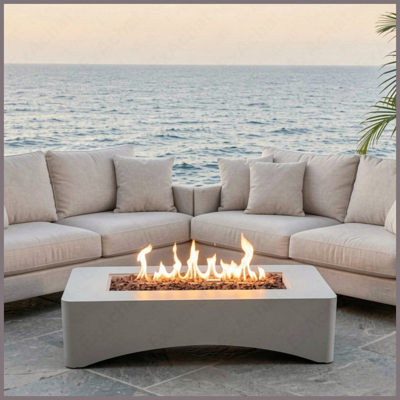 Rectangular Concrete Propane Fire Pit Table 50000 BTU For Outdoor Patio Garden Backyard, Light Gray