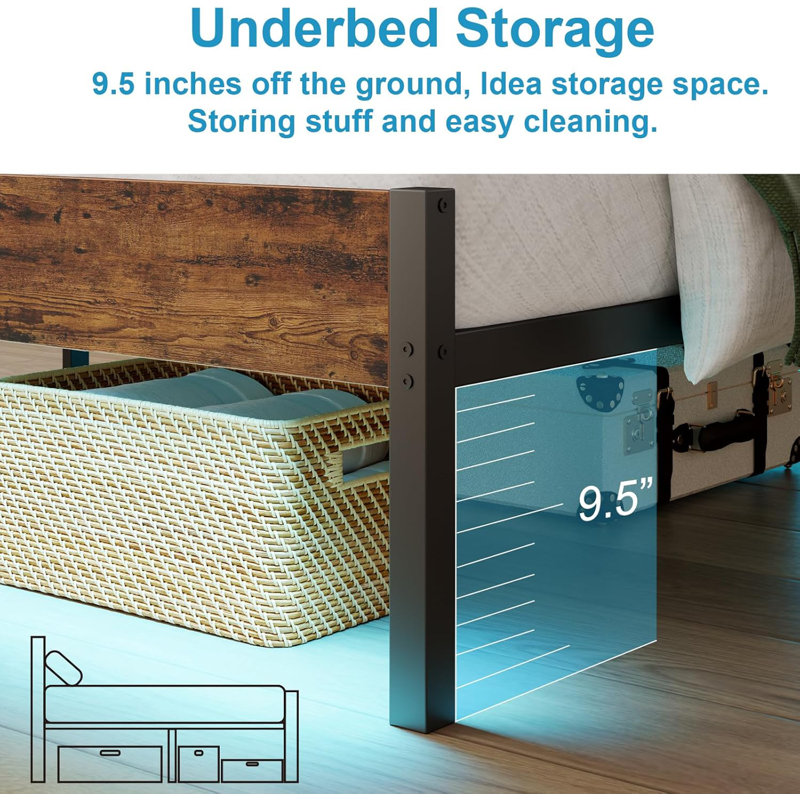 Bed Frame with Charging Station, LED Light Metal Bed Frame with Wooden Headboard, No Box Spring Required, No Noise, Easy Assembly