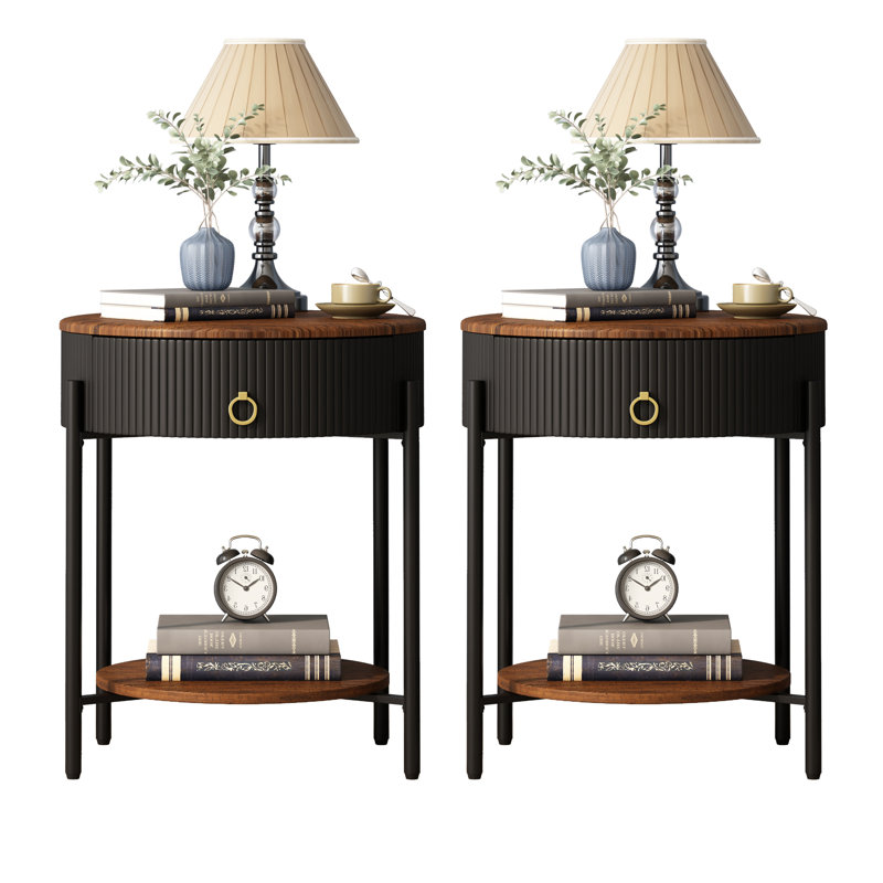 2-piece Metal Nightstand with Storage, Black/Brown