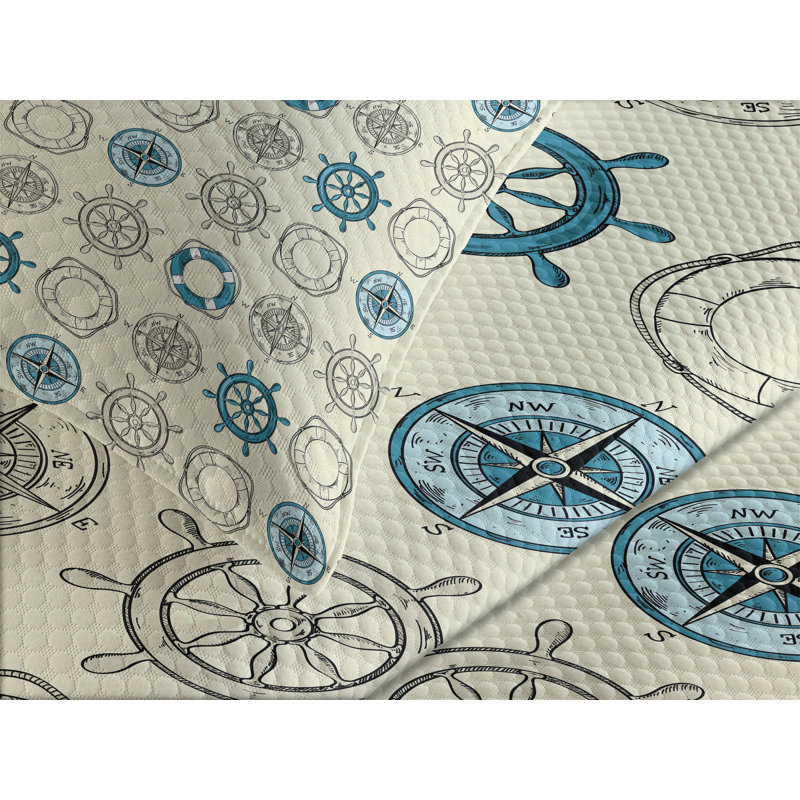 Ambesonne Compass Bedspread Set  Marine Inspired Retro  Beige Teal, King Coverlet / Bedspread + 2 Standard Shams