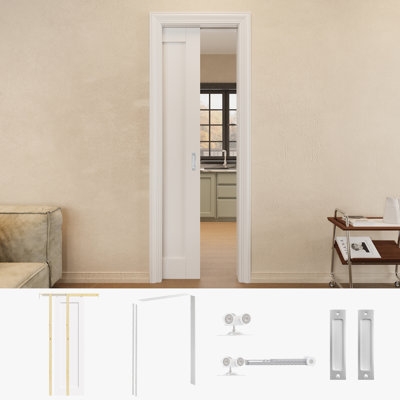 Porte coulissante 1 panneau 24 po x 80 po avec poignées argentées et cadre de porte blanc