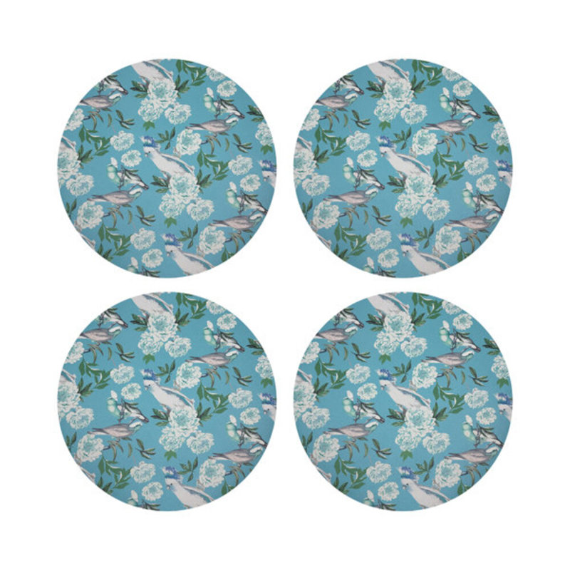 Peony Inspira Breakers Vegan Leather Round Coasters, Azur