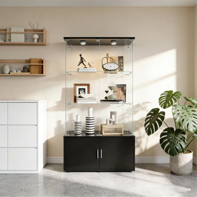 Double-Door Four-Layer Cabinet-Style Storage Cabinet,Display Cabinet,Wine Cabinet,File Cabinet,With Remote-Controlled PAIPAI Lights,Adjustable Feet, Can Be Placed In The Living Room,Color:Black
