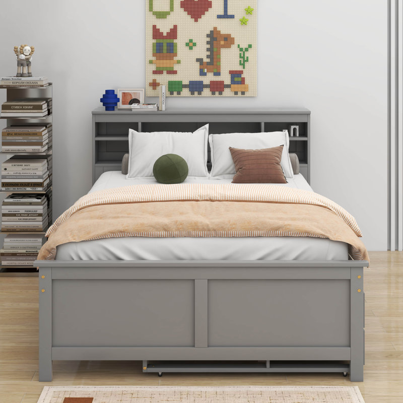 Lit double en bois avec tête de lit avec rangement, port USB, lit gigogne et 3 tiroirs, Gris
