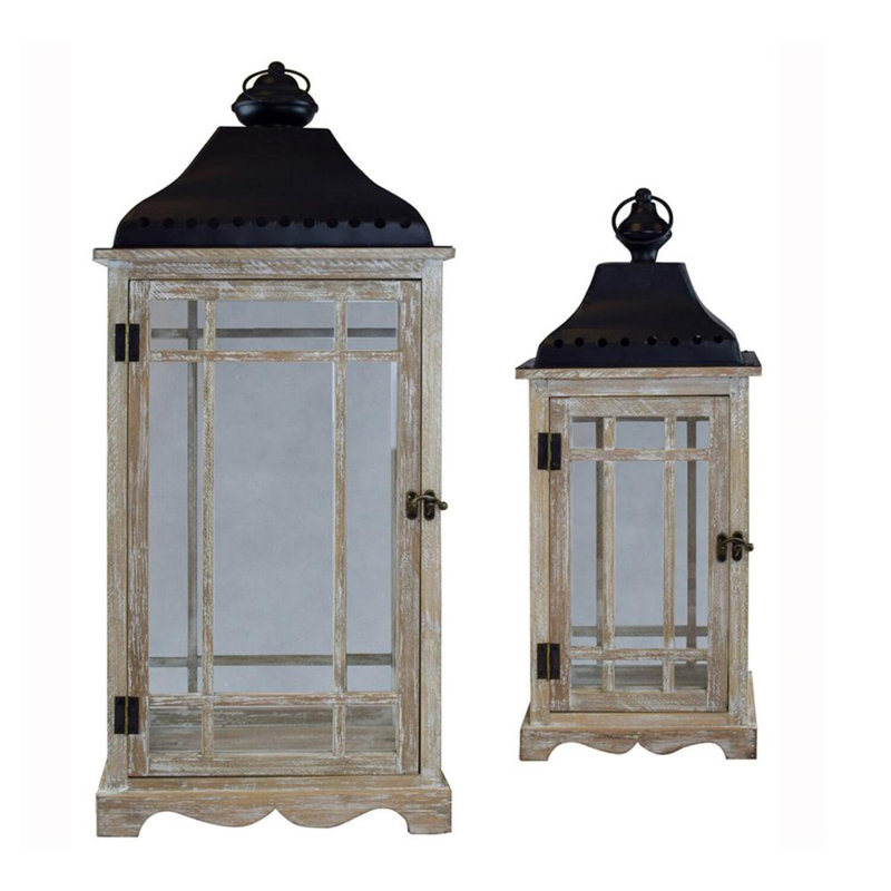 Wood Lanterns with Tin Roof - Set of 2