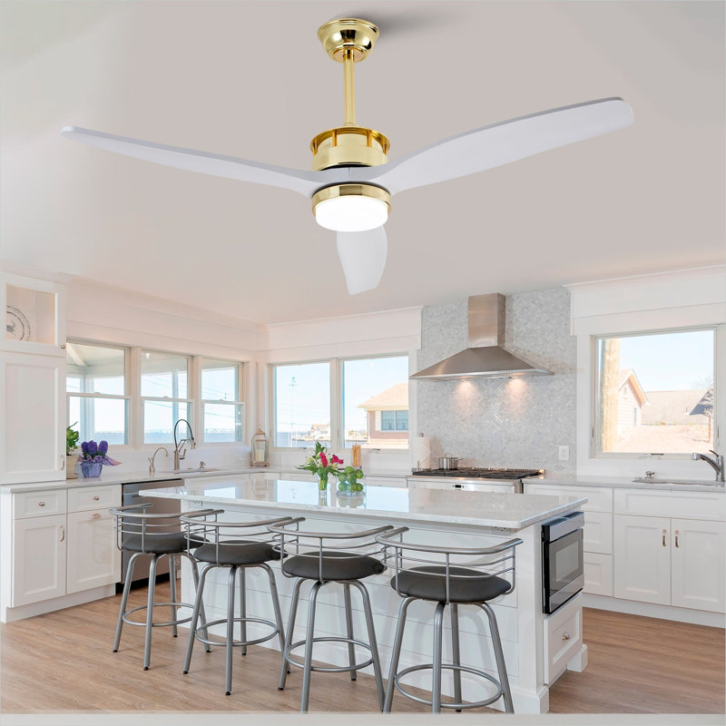 Ventilateur de plafond moderne moderne doré et blanc de 52 pouces avec lumière DEL à intensité variable et télécommande, pales en bois massif pour la chambre à coucher et le salon