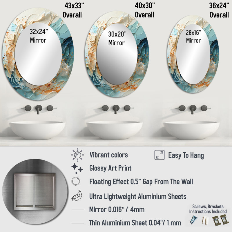 Bleu tempête liquide Art Charm - paysage ovale miroir décoratif sur métal, H 36 po x l 24 po