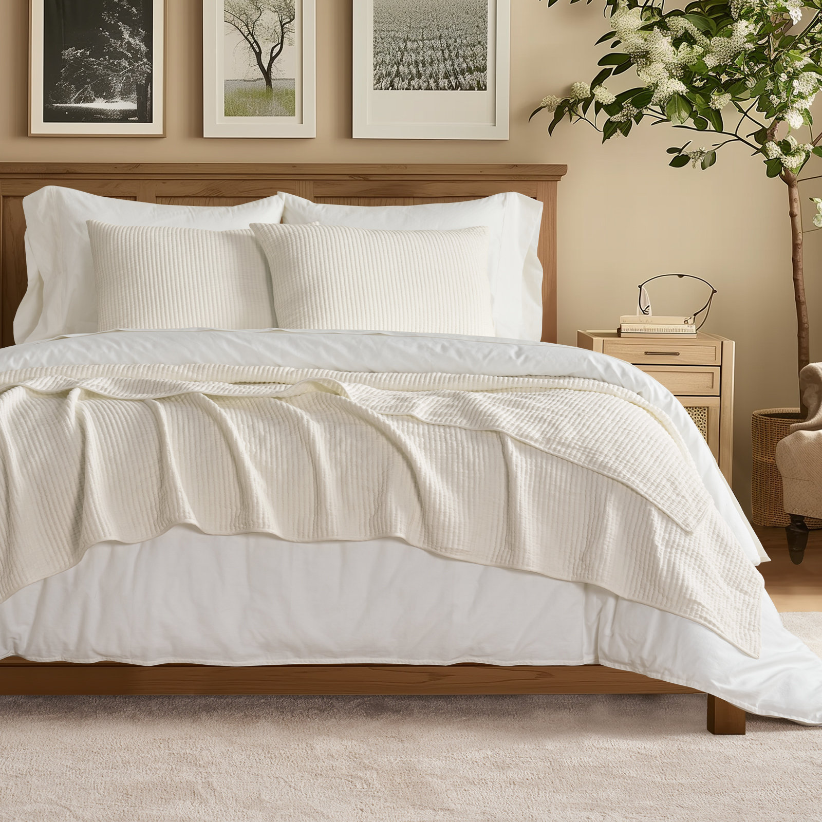 Ribbed Matelassé Cotton Coverlet Set, Cream, Queen Quilt + 2 Queen Shams