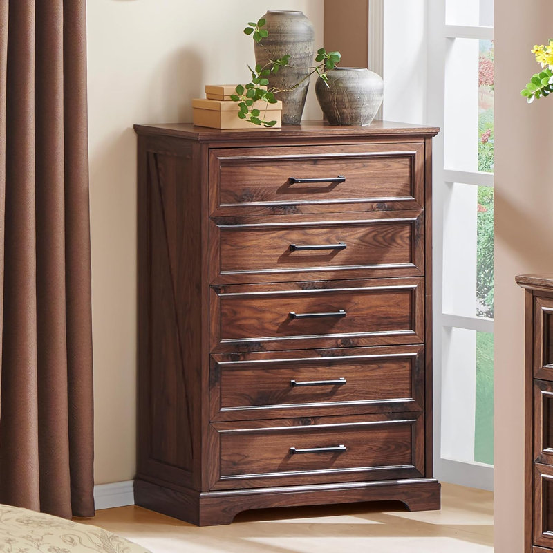 Quintone 46" Farmhouse 5 Drawer Dresser,Tall Chest of Drawer With Anti-Tip for Bedroom, Brown