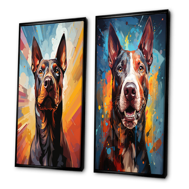 Bull Terrier Boldness - ensemble de 2 reproductions d'art sur toile, Cadre noir, H 40 po x l 41 po
