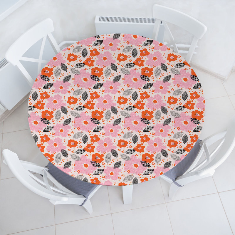 Ambesonne Floral Fitted Round TableclotEggshell and Multicolor 83888, 67.72" Round