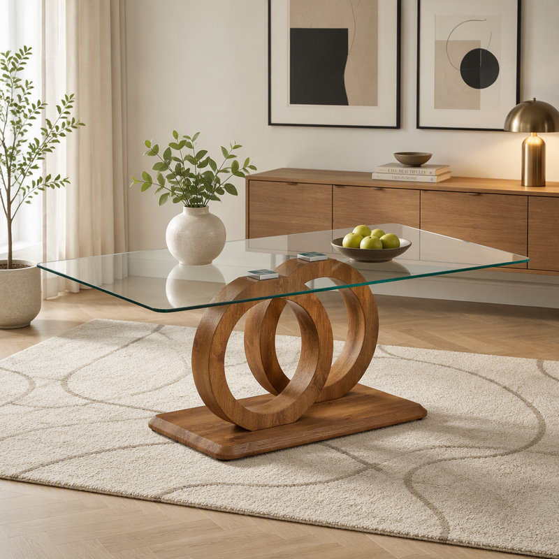 Une table basse rectangulaire moderne et tendance avec un plateau en verre trempé et des pieds en grain de bois. Convient au salon: 47,2 po x 25,4 po x 17,9 po