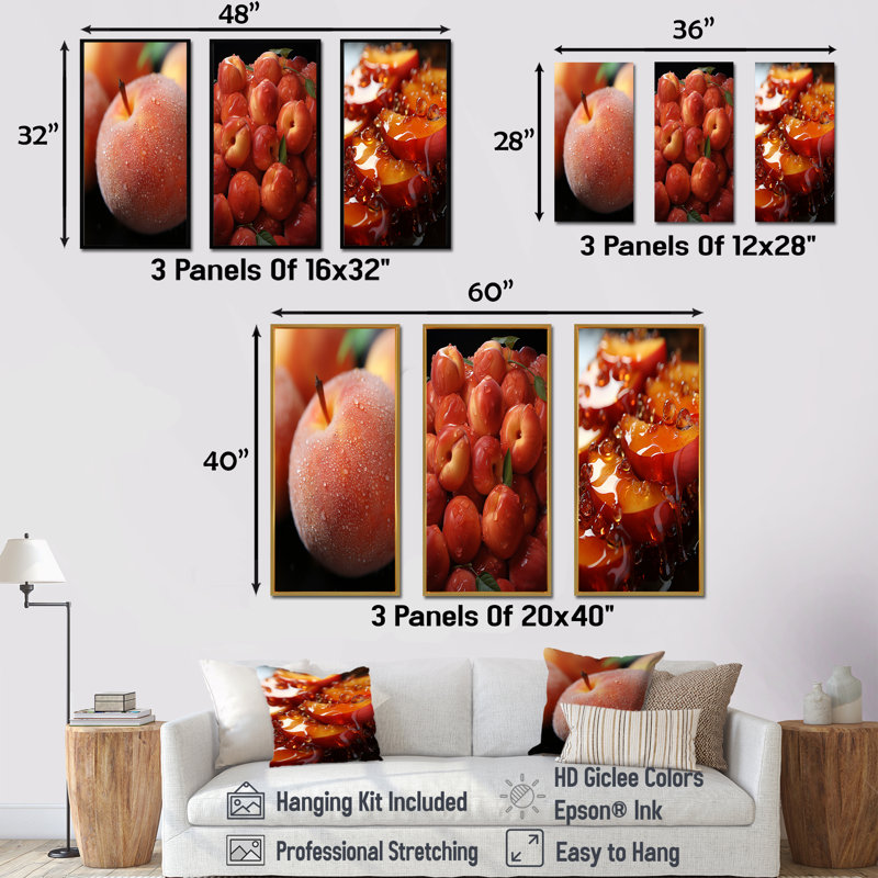 Juice Peach Fruit Delight I - fruits, ensemble de 3 reproductions d'art sur toile, Cadre flottant blanc, H 40 po x l 60 po