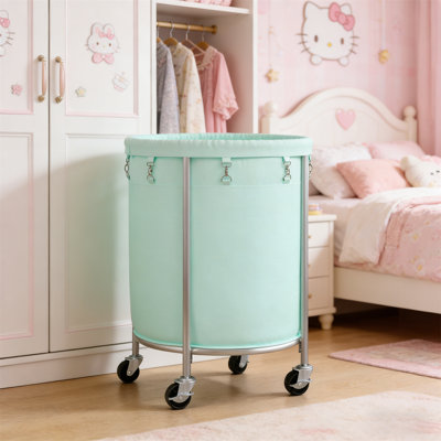 Chariot à linge avec panier à linge sur roulettes, 170 litres, sac intérieur amovible et cadre en acier, circulaire, équipé de 4 roulettes et 2 freins, convient aux chambres à coucher, aux salles de bain et aux salles de lavage