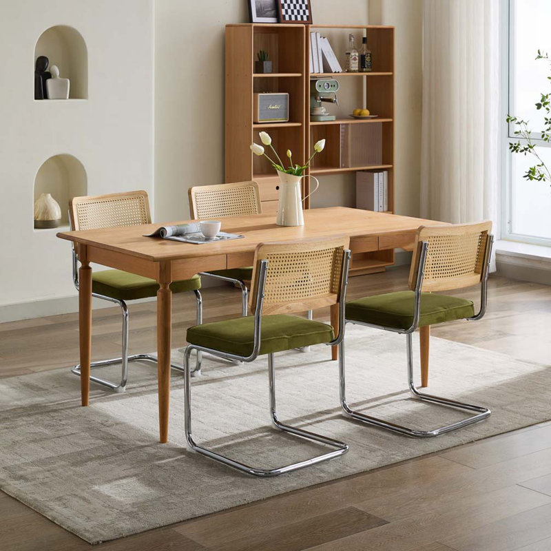 Velvet Upholstered Dining Chair Set with  Cane Back, Metal Base, Olive Green