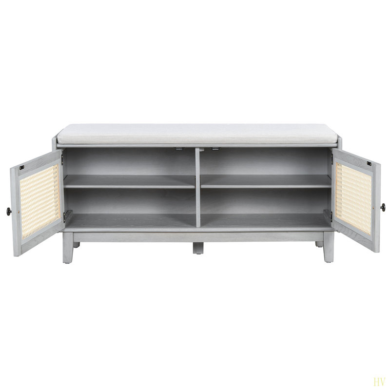 Banc d'entrée en rotin avec rangement Boho, banc à chaussures rembourré avec portes doubles, banc de rangement en bois, Gris