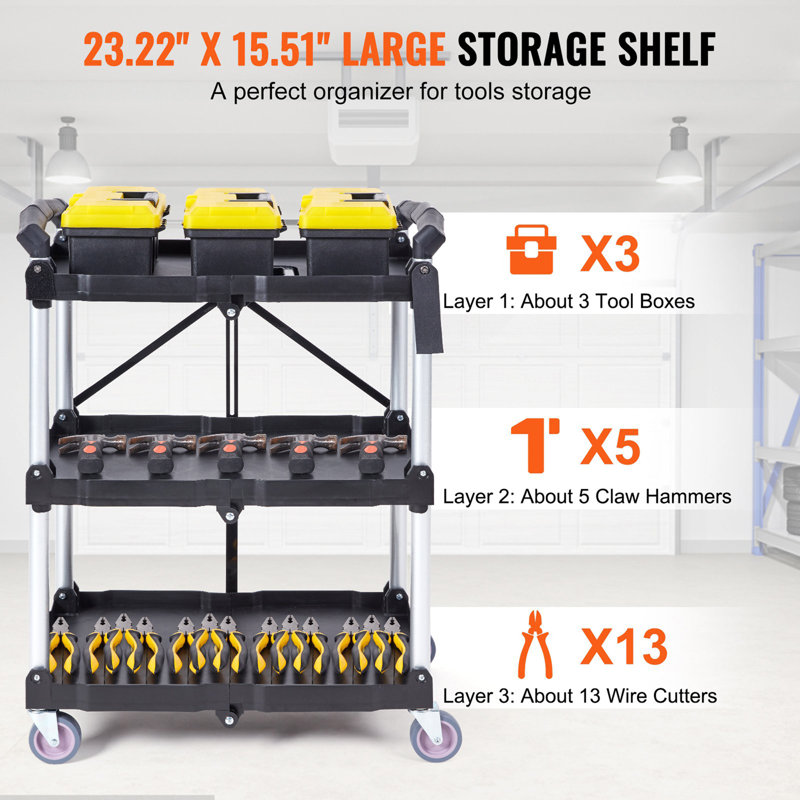 Foldable Utility Service Cart, 3 Shelf 165LBS Heavy Duty Plastic Rolling Cart With Lockable Wheels, Ergonomic Handle, Portable Garage Tool Cart For Warehouse/Office/Home(25.62"X15.43"X32.76")