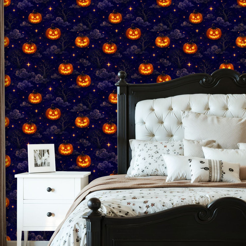 Papier peint auto-adhésif citrouille d'Halloween citrouille d'Halloween incandescent et amovible 24 po x 118 po (60 x 300 cm)