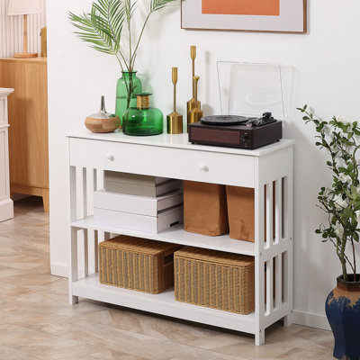 Console de couloir console, tiroir extra large et 2 tablettes ouvertes, cadre en bois blanc à lattes modernes pour améliorer le couloir de la table blanche, très grande stabilité