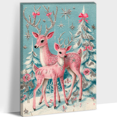 Vintage Lilabeth - Pink Deer Christmas Pictures Wall Decor, Christmas Tree Canvas Wall Art for Living Room, Holiday Art Prints for Home Wall Decor Frame Wrapped Canvas, 12×16 inches