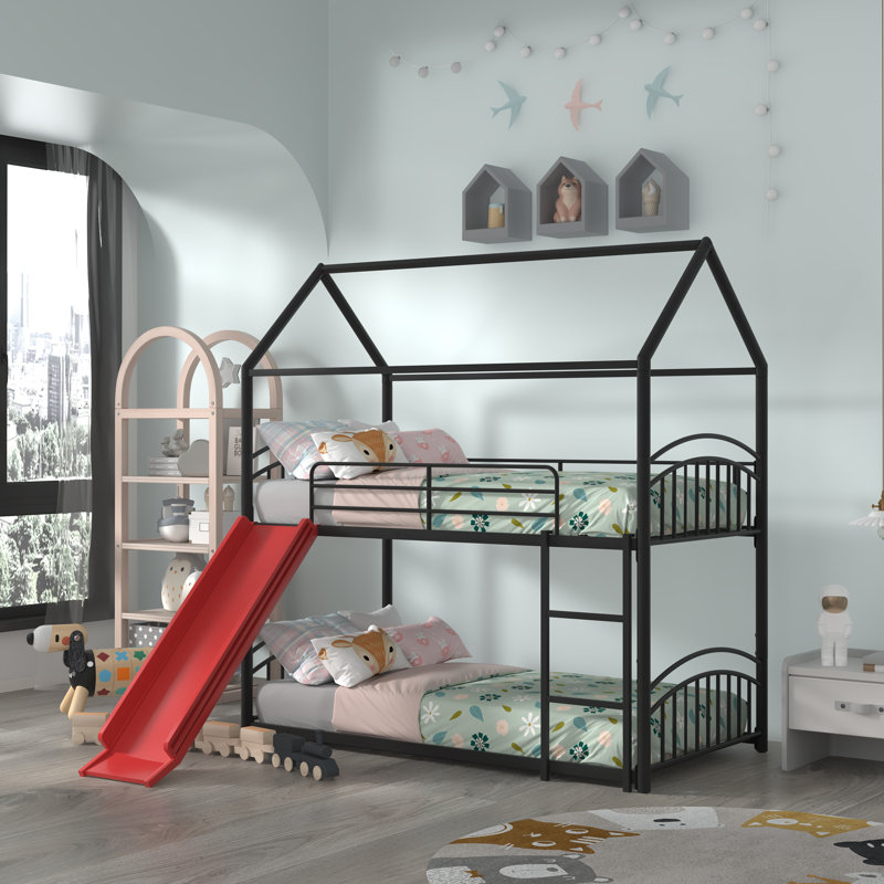 Rarden Kids Twin Over Twin Bunk Bed with Slide, Black/Red