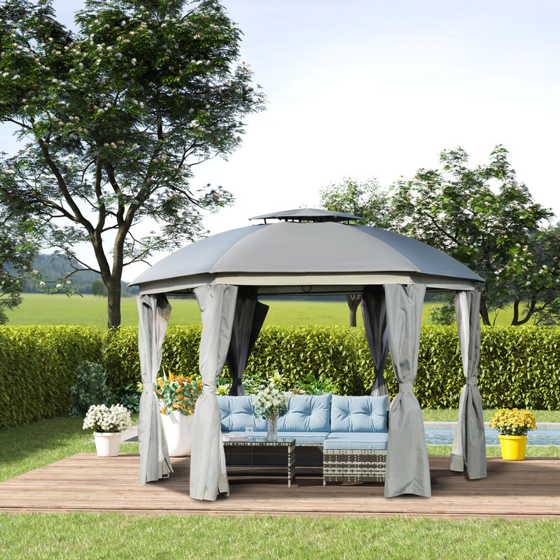 12' x 12' Gray Steel Patio Gazebo with Netting and Curtains