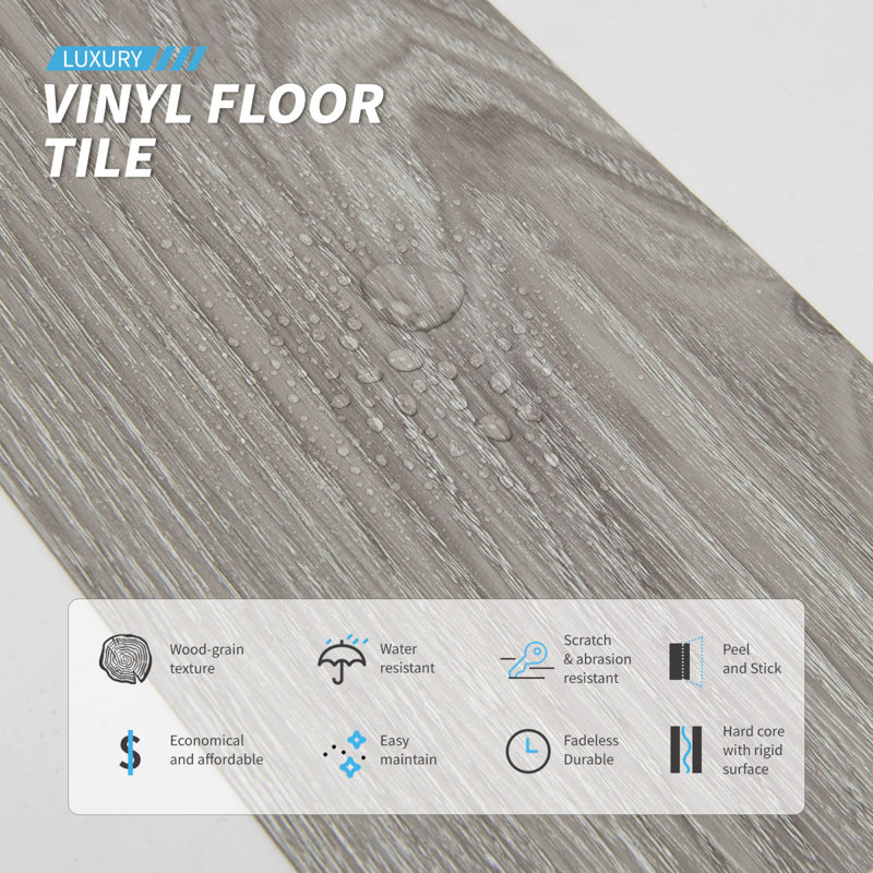 Art3d 6 in.x36 in. Peel and Stick Vinyl Flooring, Self-Adhesive Flooring Tiles, 36-Pack 54 Sq.Ft, Gray