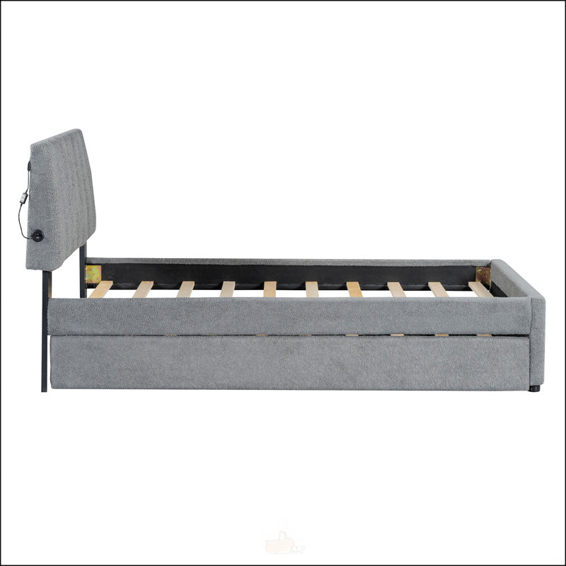 Lit plateforme tapissier simple avec lit gigogne Teddy