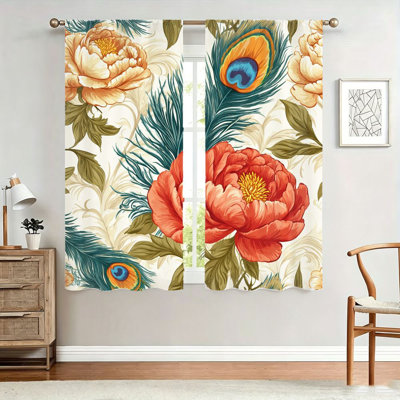 2Pcs Peony and Peacock Feather Curtains, light filtering fabric, vintage floral print, sunshade privacy protection, rod-pocket design, suitable for living room, bedroom, balcony, kitchen home decoration