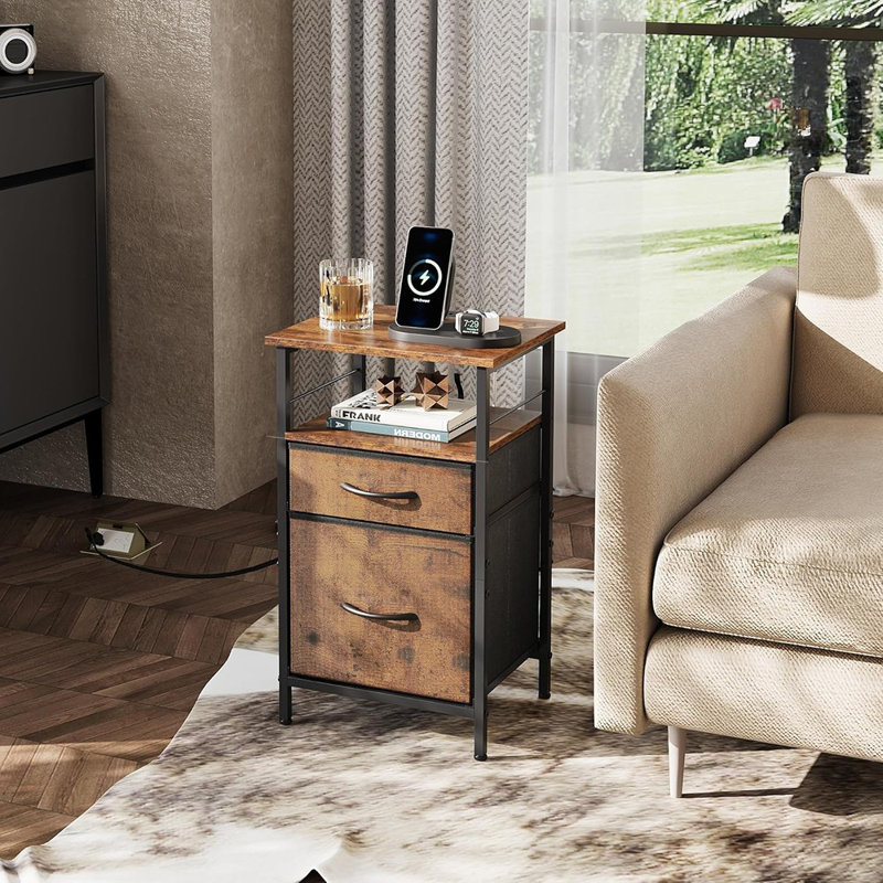 Table de chevet 2, table de chevet avec station de charge, tables de chevet pour chambre à coucher, table d'appoint avec tiroirs en tissu, ports et prises USB, brun rustique