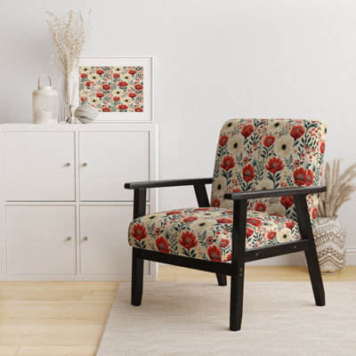 Red And Beige Retro Floral Pattern - Upholstered Cottage Accent Arm Chair
