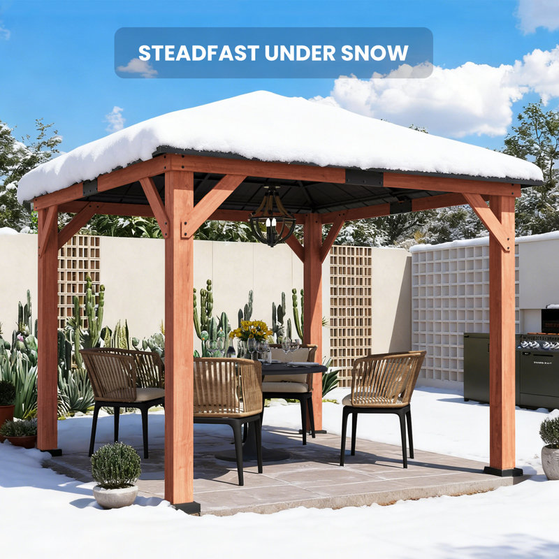 Hadley 10FT. X 10FT. Premium Cedar Wood Frame And  Steel Hardtop Pavilion Roof Gazebo With Mosquito Netting And Curtains