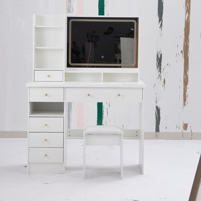 41 Inch Large Size Left Drawer Desktop Vanity Table with Cushioned Stool, Extra Large Touch Control LED Mirror, 3-Color Switch, Multi-Layer High Capacity Storage, Fashionable and Functional