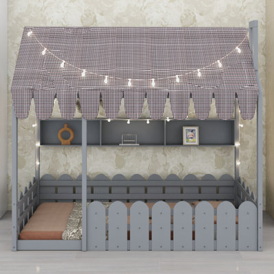 Montessori Kids Floor Bed with House Shape, Fence Railings, Tent, Lights and 3 Storage Shelves