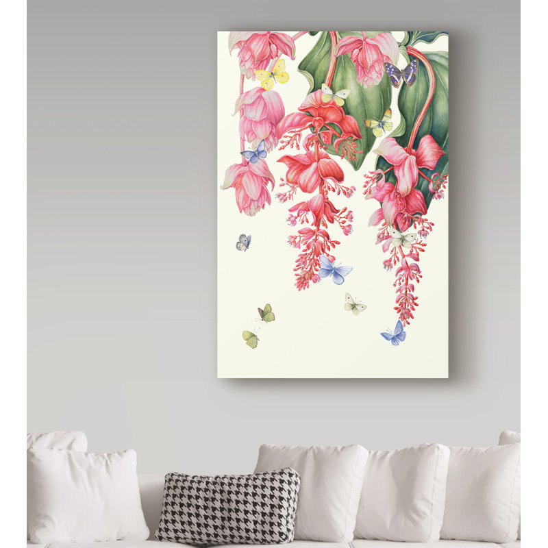 Medinilla Pink Floral Canvas Art with Butterflies, 12 x 19
