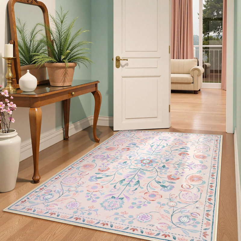  Floral Washable Area Rug Non-Slip Stain Resistant Low-Pile Boho Large Indoor Throw Carpet, Rectangle 5' x 7'