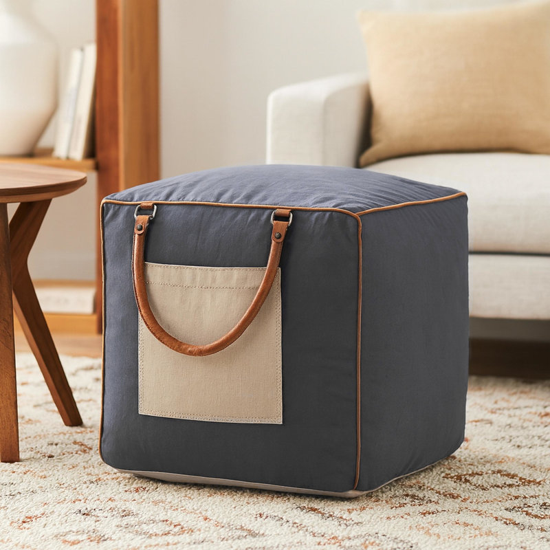 Abedin Cotton and Leather Handmade Ottoman Pouf, Blue
