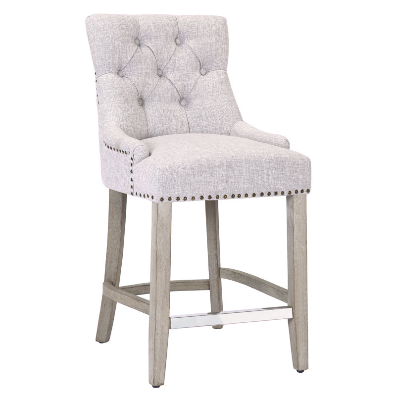 Linen Fabric Tufted Upholstered Counter Stool, Counter Stool (24” Seat Height), Light Gray Linen/Antique Gray Frame