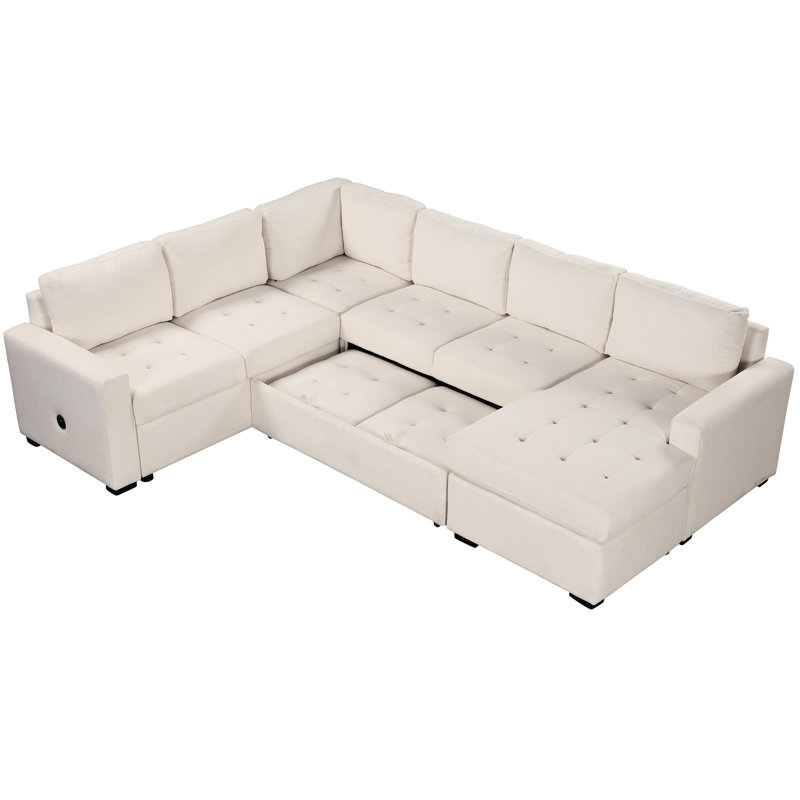 Canapé modulaire Ustyle avec lit escamotable et méridienne tentante, options de type C, matériau chenille éblouissant, pour salon, bureau, zones spacieuses, canapé-lit beige. Et les connexions. Tissu. Coton