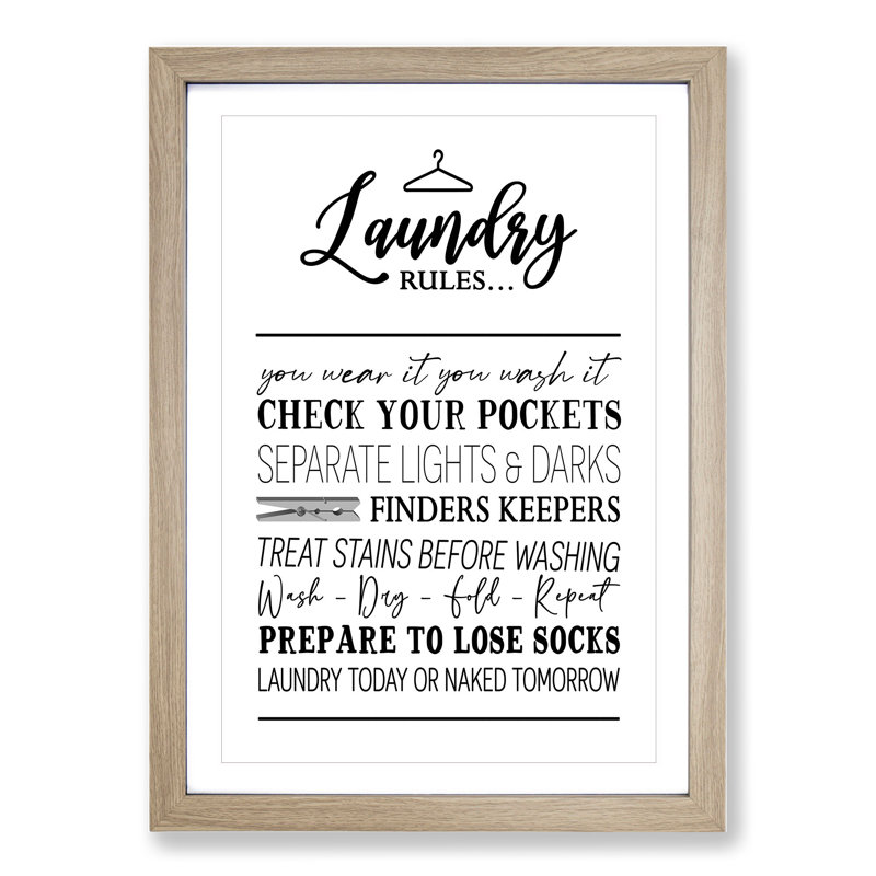 Laundry Rules - Picture Frame Typography, Oak Framed, 65cm H x 48cm W x 2cm D