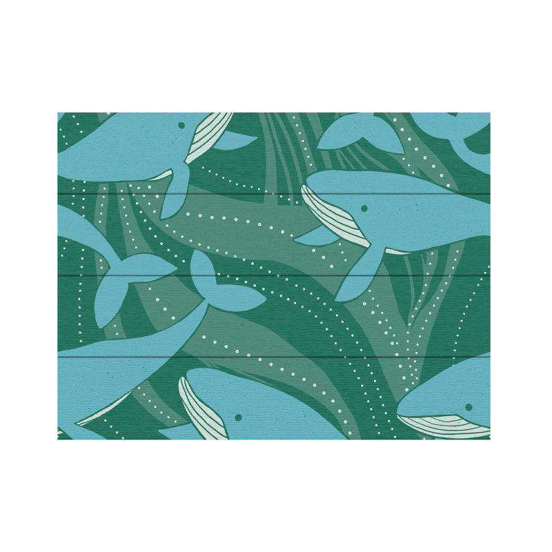 Rachel Hallquist Whales Blue Green Wood Slat Art, H 12 po x l 16 po