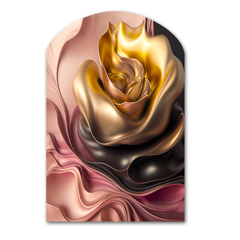 Fleurs glamour élégantes en or et taupe I - art mural asymétrique en forme d'arche florale, H 34 po x l 25 po