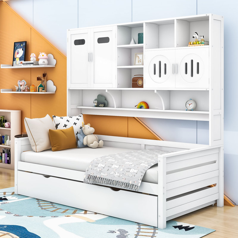 Wooden Daybed With Trundle, Cabinet and Shelf, Twin, White
